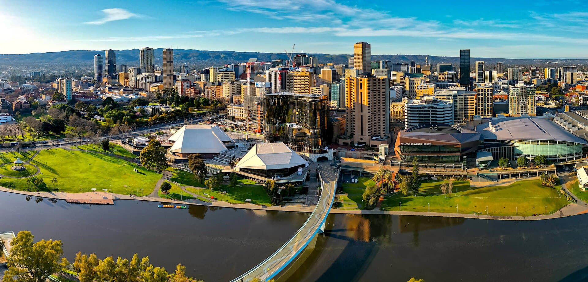 Adelaide city skyline seen from the south-east on a clear December afternoon