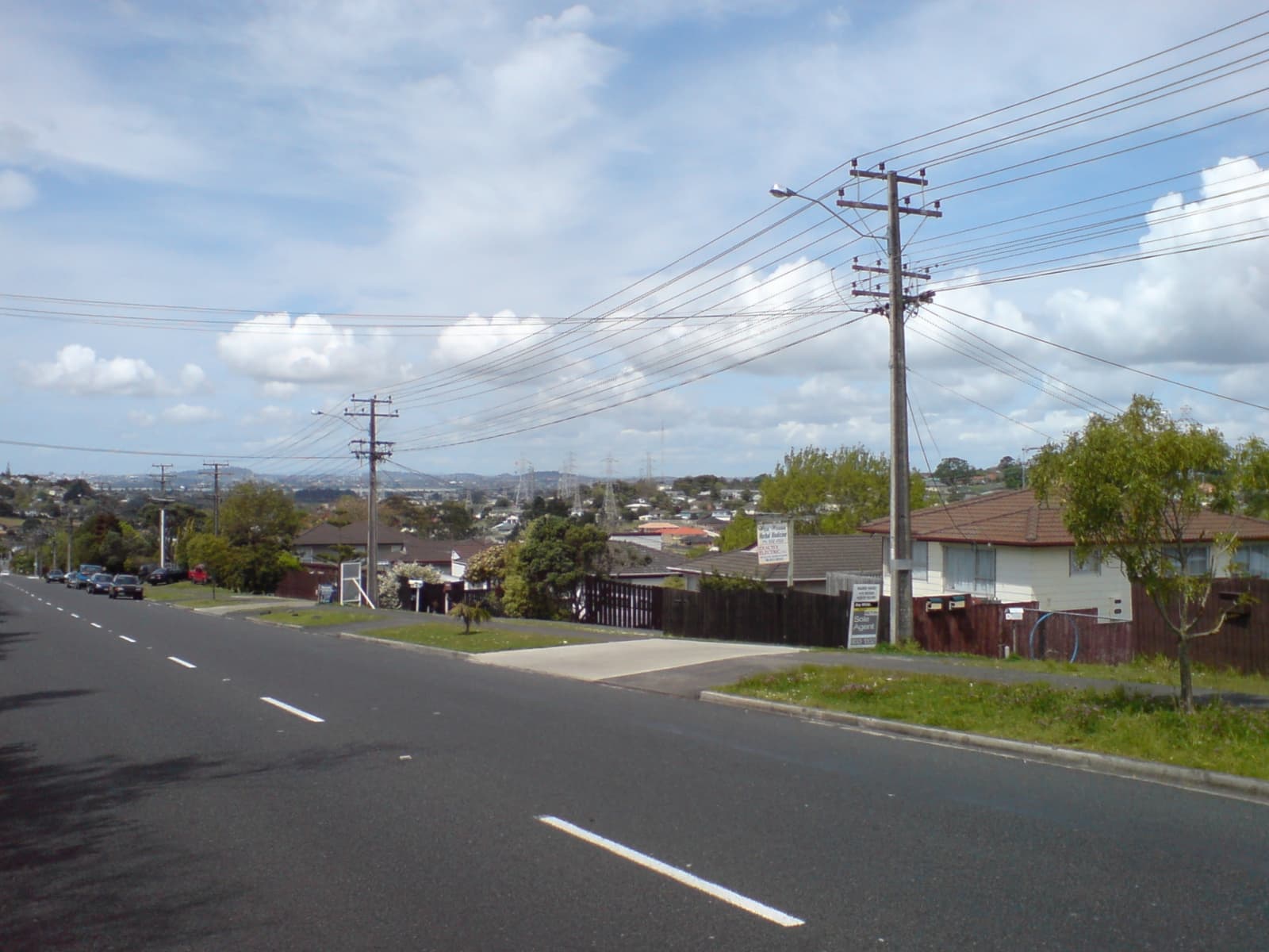 Overhead suburban power lines running above houses and trees