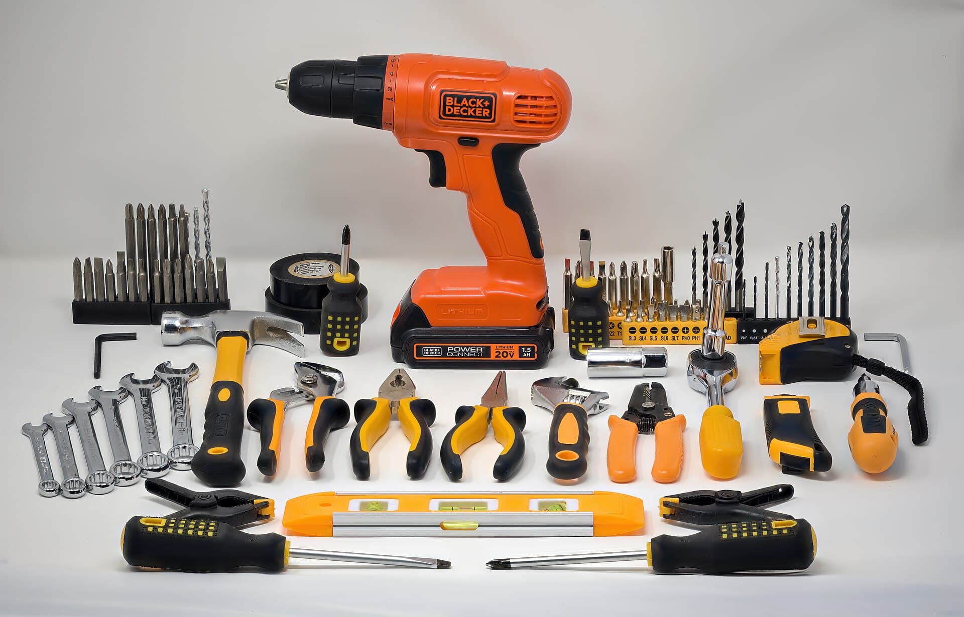 A laid-out kit of electrical and general repair tools